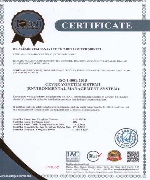 Copy of the ISO 14001:2015 environmental management system certificate issued by Ekol Belgelendirme to DX Alüminyum