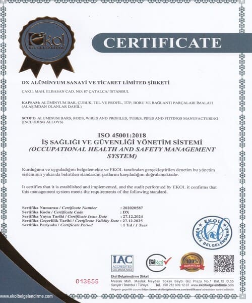 Copy of the ISO 45001:2018 occupational health and safety management system certificate issued by Ekol Belgelendirme to DX Alüminyum