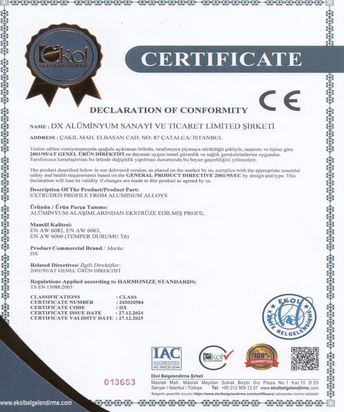 Copy of the CE declaration of conformity issued for DX Alüminyum, bearing the Ekol Belgelendirme logo